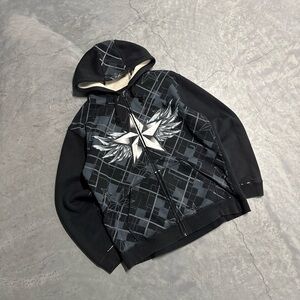 Black Y2K Graphic Zip-Up Hoodie with Winged Star Design